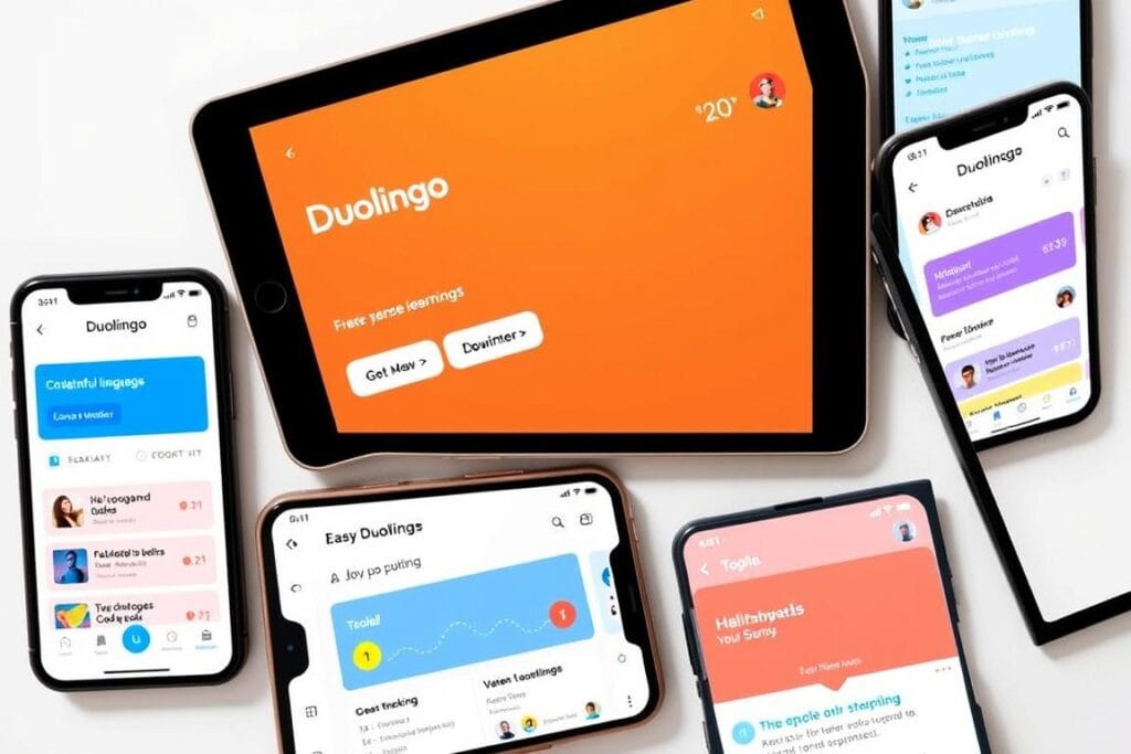 Duolingo's AI language learning interface on mobile devices