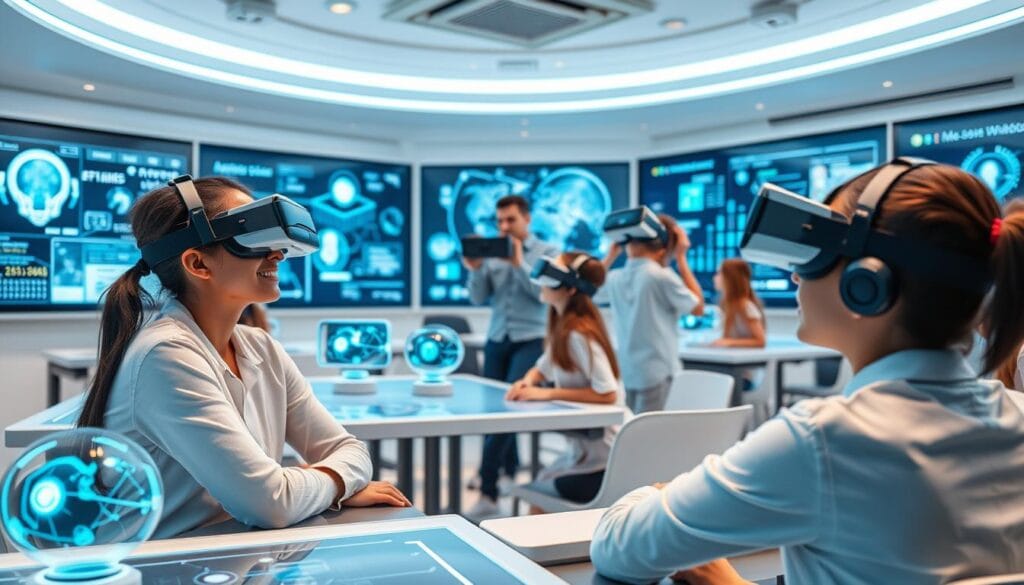 Futuristic classroom with VR/AI hybrid learning environment